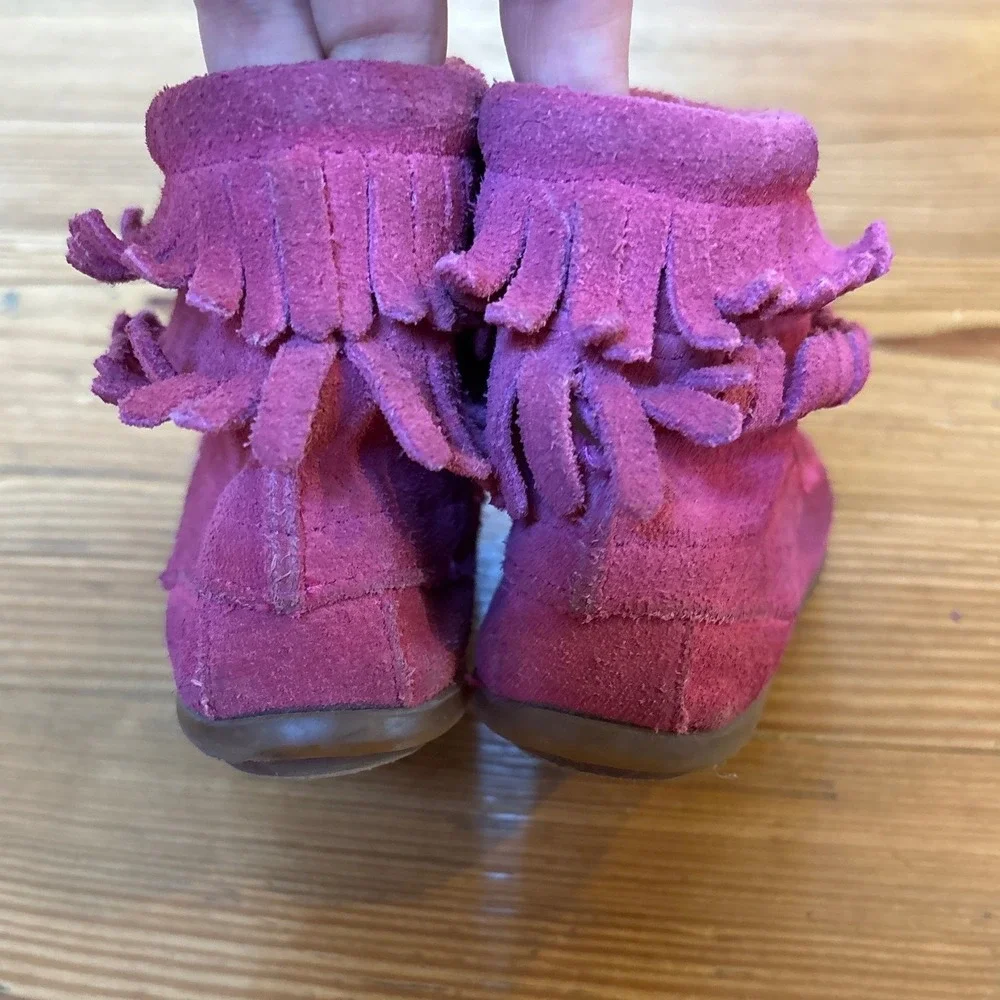 Minnetonka Moccasin‎ Boot Kids Pink Double Fringe Suede Side Zip SIZE 11